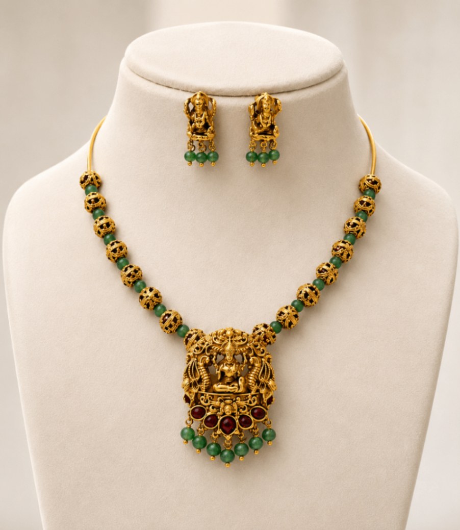 Gajalakshmi green bead necklace - Nethiel Jewelry