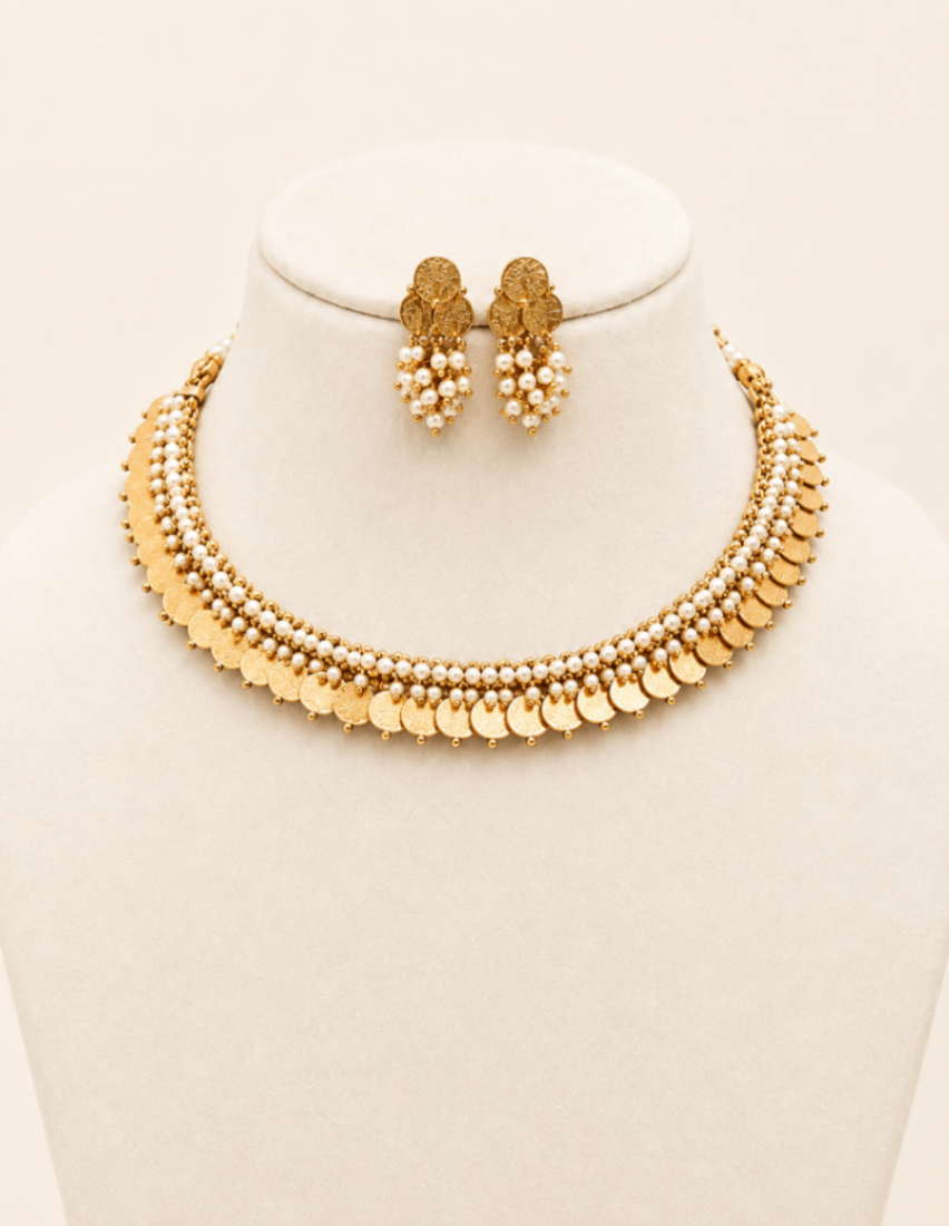 Classic coin necklace with white pearl